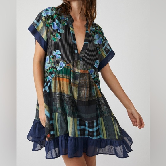 Free People Dresses & Skirts - Free People Floral Plaid Printed Agnes V-Neck Swing Mini Dress Navy Blue Green